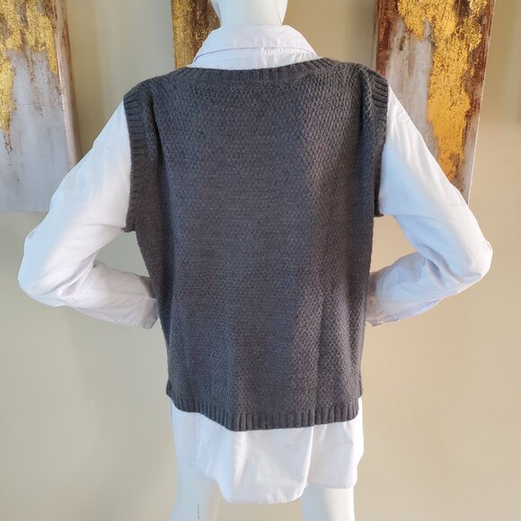 Faded Glory Gray Plus Twofer Sweater with Built-In Collared Shirt SZ L (12-14) - Picture 5 of 8